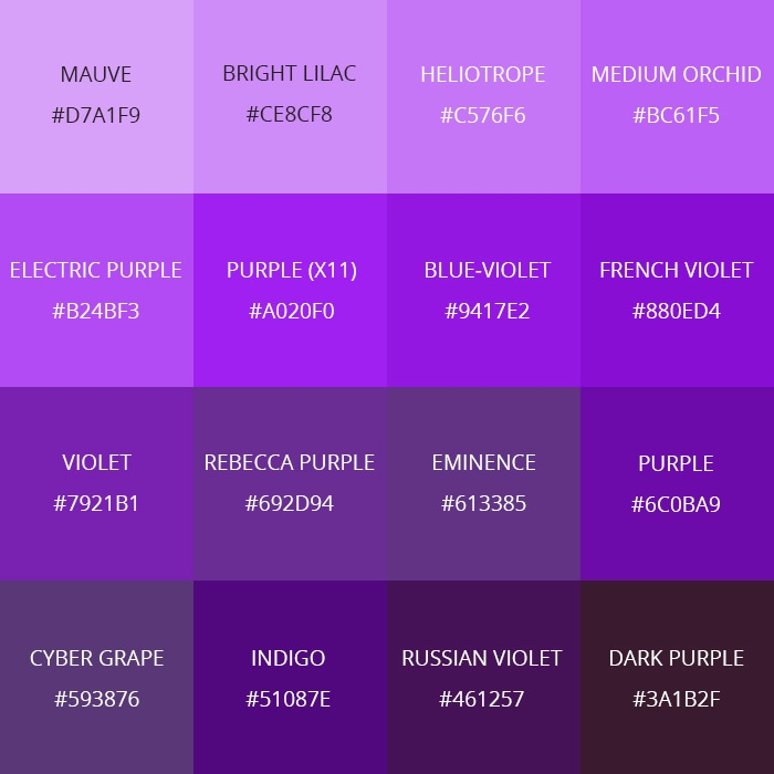 99 Shades Of Purple Color With Names HEX RGB CMYK 2023 Colors