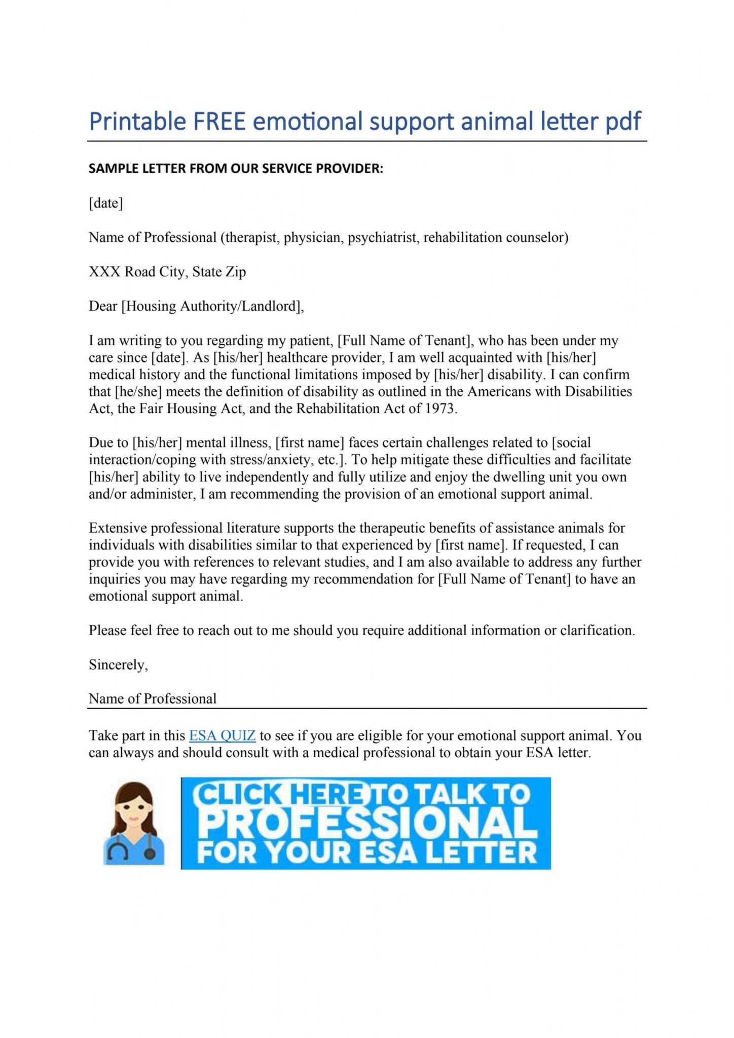 Housing Printable Free Emotional Support Animal Letter Pdf FREE
