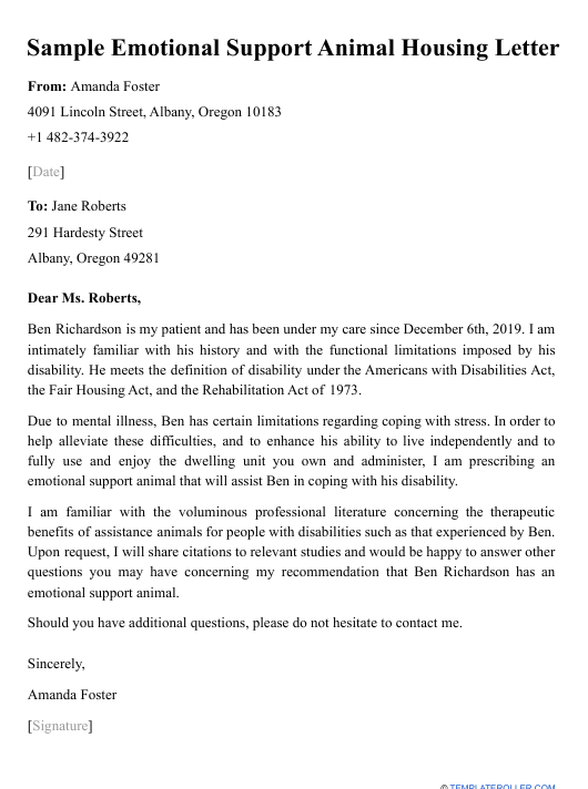 Sample Emotional Support Animal Housing Letter Download Printable PDF 